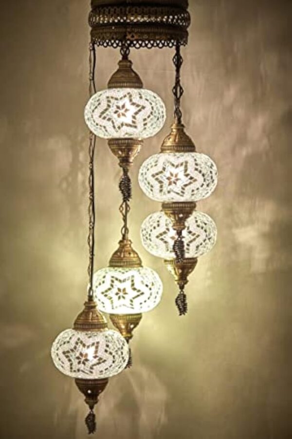 Lampe orientale blanche 5 balles en verre - Chandelier mosaïque