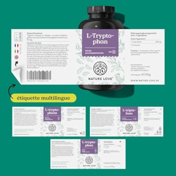 NATURE LOVE® L-tryptophane - 240 gélules - hautement dosé avec 500mg par gélule - végane, contrôlé en laboratoire et produit en Allemagne - sans additifs inutiles – Image 7