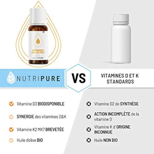 NUTRIPURE • Vitamine D3 + K2 MK7 100% Pure & naturelle avec Huile d'olive bio • 5 mois d'utilisation • Booste le système immunitaire • Santé des Os et des Muscles • Complément Vitamine D Végétarien… – Image 4