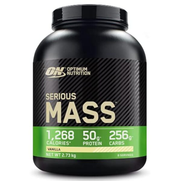 Optimum Nutrition Serious Mass Poudre de Protéine Gain de Masse Hautement Calorique avec 25 Vitamines et Minéraux, Créatine Monohydrate et Glutamine, Saveur Vanille, 8 Portions, 2.73 kg