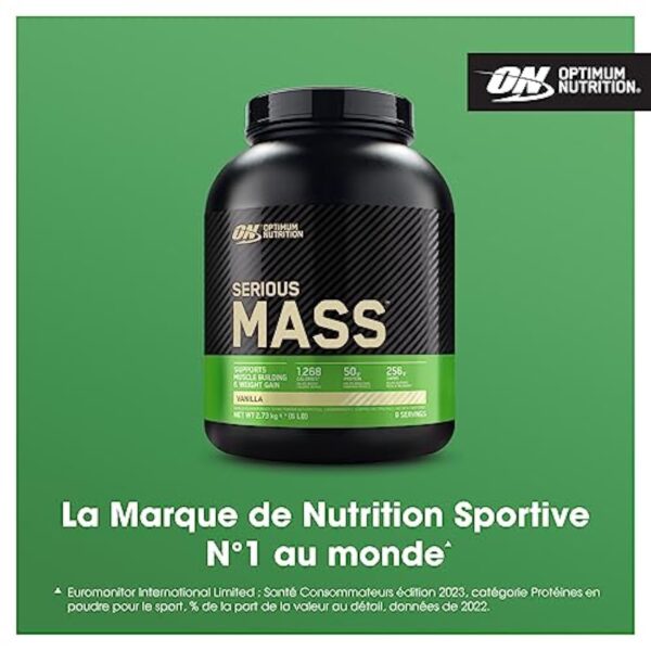 Optimum Nutrition Serious Mass Poudre de Protéine Gain de Masse Hautement Calorique avec 25 Vitamines et Minéraux, Créatine Monohydrate et Glutamine, Saveur Vanille, 8 Portions, 2.73 kg – Image 3