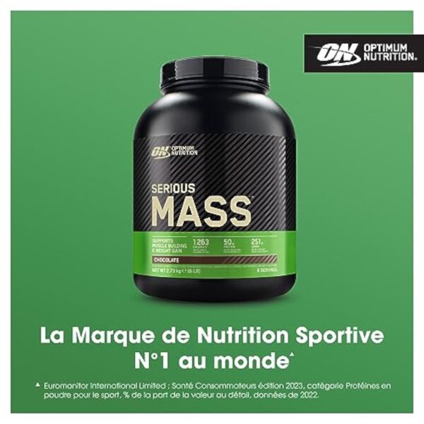 Optimum Nutrition Serious Mass Poudre de Protéine Gain de Masse Hautement Calorique avec 25 Vitamines et Minéraux, Créatine Monohydrate et Glutamine, Saveur Chocolat, 8 Portions, 2.73 kg – Image 3