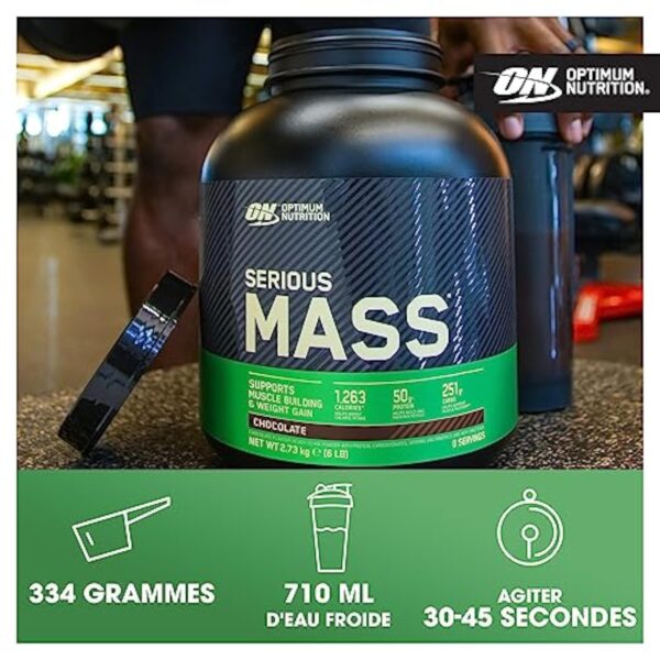 Optimum Nutrition Serious Mass Poudre de Protéine Gain de Masse Hautement Calorique avec 25 Vitamines et Minéraux, Créatine Monohydrate et Glutamine, Saveur Vanille, 8 Portions, 2.73 kg – Image 5