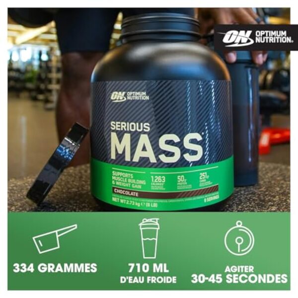 Optimum Nutrition Serious Mass Poudre de Protéine Gain de Masse Hautement Calorique avec 25 Vitamines et Minéraux, Créatine Monohydrate et Glutamine, Saveur Chocolat, 8 Portions, 2.73 kg – Image 5