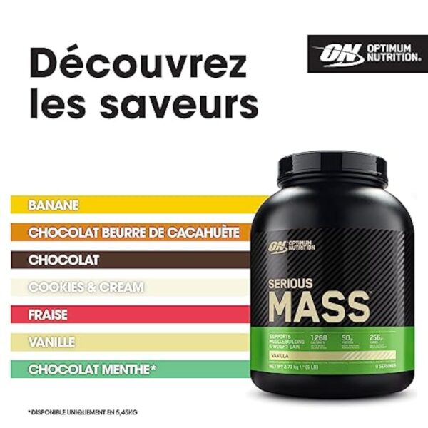 Optimum Nutrition Serious Mass Poudre de Protéine Gain de Masse Hautement Calorique avec 25 Vitamines et Minéraux, Créatine Monohydrate et Glutamine, Saveur Vanille, 8 Portions, 2.73 kg – Image 6