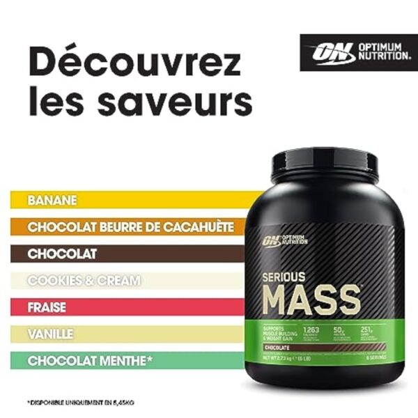 Optimum Nutrition Serious Mass Poudre de Protéine Gain de Masse Hautement Calorique avec 25 Vitamines et Minéraux, Créatine Monohydrate et Glutamine, Saveur Chocolat, 8 Portions, 2.73 kg – Image 6