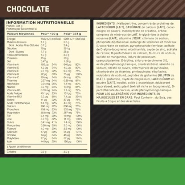 Optimum Nutrition Serious Mass Poudre de Protéine Gain de Masse Hautement Calorique avec 25 Vitamines et Minéraux, Créatine Monohydrate et Glutamine, Saveur Chocolat, 8 Portions, 2.73 kg – Image 8