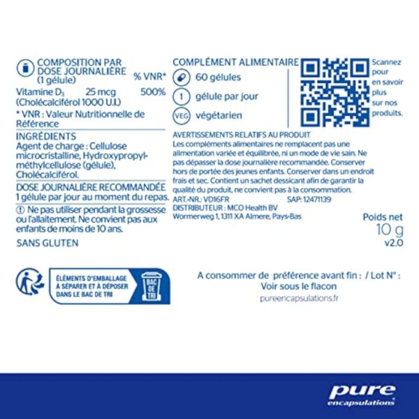 Pure Encapsulations - Vitamine D3 1000 U.I. - Maintien d'une Fonction Normale du Système Immunitaire - Contribue à l'Absorbtion du Calcium - 60 Gélules – Image 3