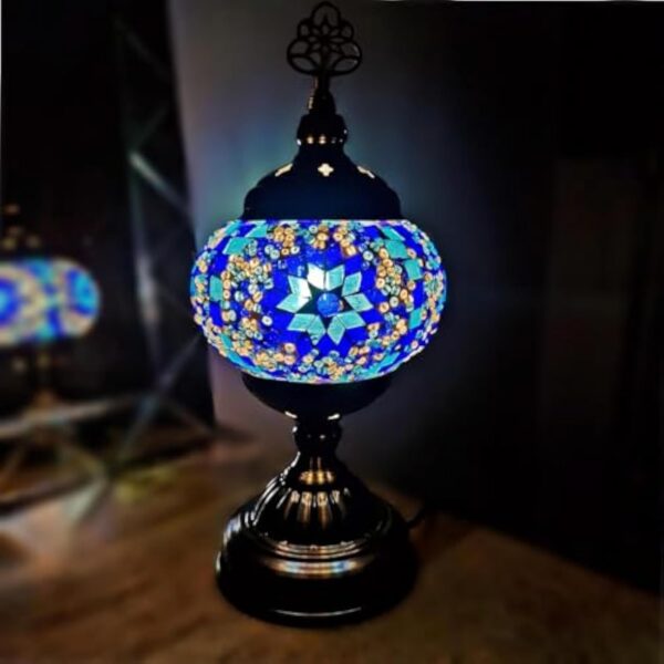 Superbe lampe de table faite à la main en bronze turc marocain arabe oriental bohémien style Tiffany mosaïque de verre Belle lampe de table Lampe de bureau Décoration d'intérieur (Bleu - A)