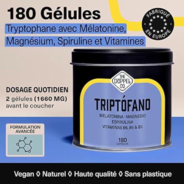 Tryptophane avec Mélatonine et Magnésium + Vitamine B6, B5, B3 + Spiruline | 180 Gélules | 1,78mg de Mélatonine | 600mg de Tryptophane pour bien dormir | Énergie, Concentration, Stress – Image 3