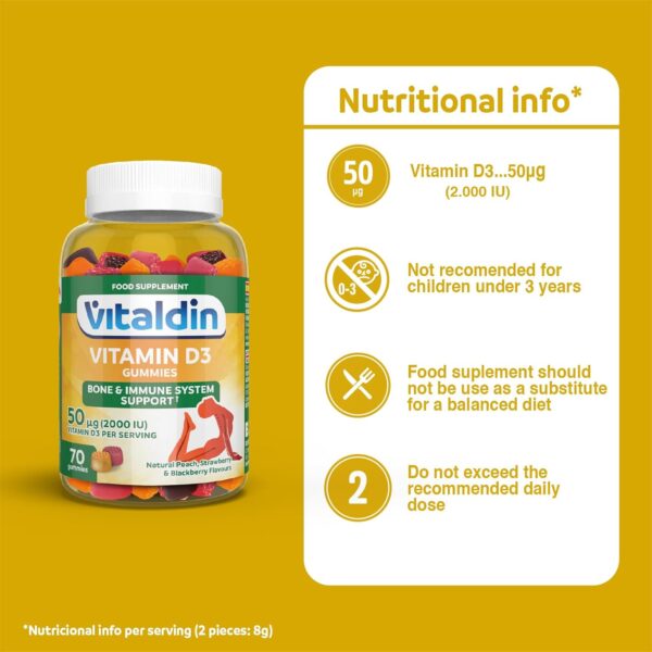 VITALDIN Vitamine D3 gummies – 2.000 IU par dose – 70 Gommes (pour 1 mois); saveur de Fruits – Vitamine D pour Système Immunitaire & Os – Sans Gluten – pour Enfants et Adultes – Image 7