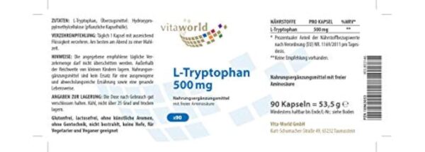 Vita World L-Tryptophane 500mg 90 capsules végétariennes Made in Germany – Image 3