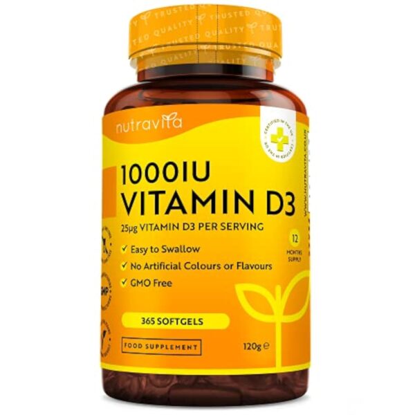 Vitamine D 1000 UI - 365 Capsules Molles - Pour 1 Annéee Entière - Maintien d'un Système Immunitaire Sain, des Muscles, des os et des Dents - Vitamine D3 1000ui Cholecalciferol - Nutravita