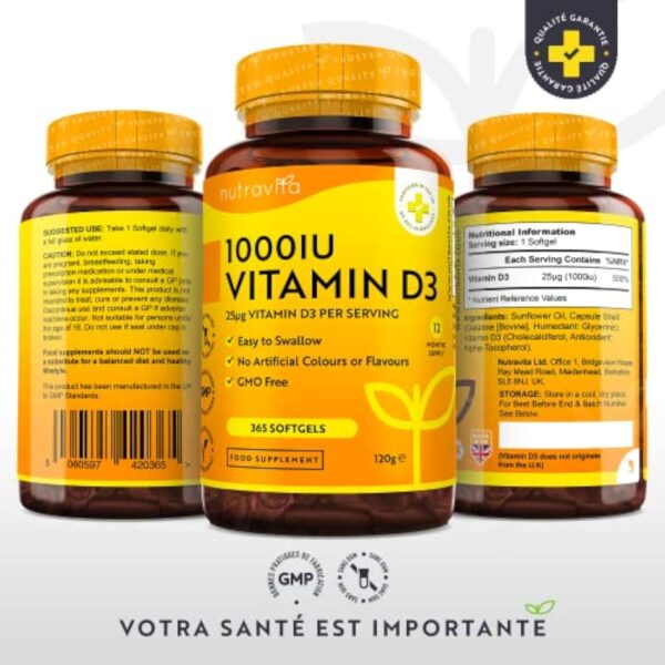 Vitamine D 1000 UI - 365 Capsules Molles - Pour 1 Annéee Entière - Maintien d'un Système Immunitaire Sain, des Muscles, des os et des Dents - Vitamine D3 1000ui Cholecalciferol - Nutravita – Image 3