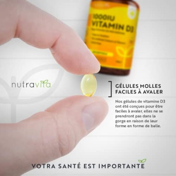 Vitamine D 1000 UI - 365 Capsules Molles - Pour 1 Annéee Entière - Maintien d'un Système Immunitaire Sain, des Muscles, des os et des Dents - Vitamine D3 1000ui Cholecalciferol - Nutravita – Image 4