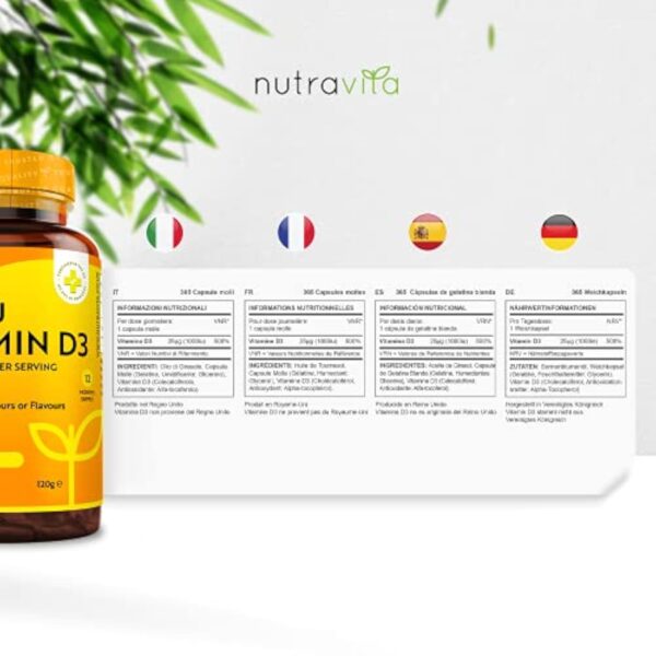 Vitamine D 1000 UI - 365 Capsules Molles - Pour 1 Annéee Entière - Maintien d'un Système Immunitaire Sain, des Muscles, des os et des Dents - Vitamine D3 1000ui Cholecalciferol - Nutravita – Image 6