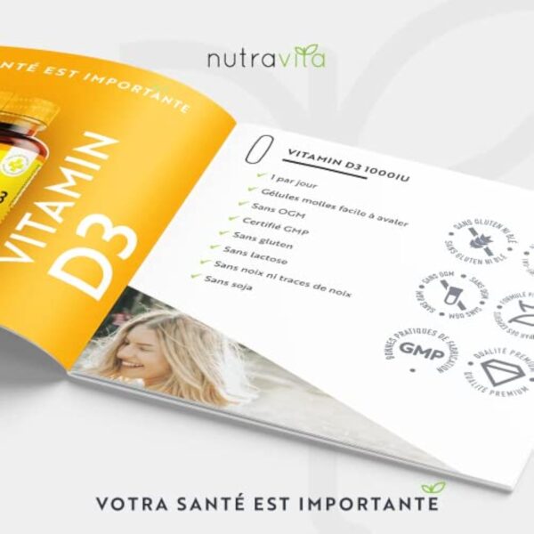 Vitamine D 1000 UI - 365 Capsules Molles - Pour 1 Annéee Entière - Maintien d'un Système Immunitaire Sain, des Muscles, des os et des Dents - Vitamine D3 1000ui Cholecalciferol - Nutravita – Image 7