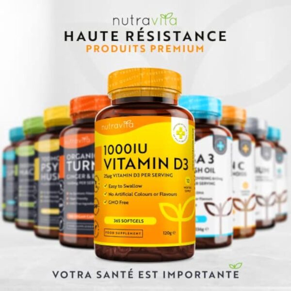 Vitamine D 1000 UI - 365 Capsules Molles - Pour 1 Annéee Entière - Maintien d'un Système Immunitaire Sain, des Muscles, des os et des Dents - Vitamine D3 1000ui Cholecalciferol - Nutravita – Image 8