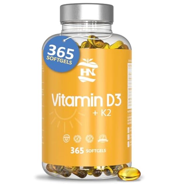 Vitamine D 5000 UI Vitamine D3 K2. 365 Capsules Vitamine D hautement concentrée Soutient les fonctions immunitaires et osseuses grâce à la Vitamine D K2 hautement dosée