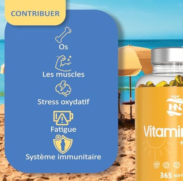 Vitamine D 5000 UI Vitamine D3 K2. 365 Capsules Vitamine D hautement concentrée Soutient les fonctions immunitaires et osseuses grâce à la Vitamine D K2 hautement dosée – Image 3