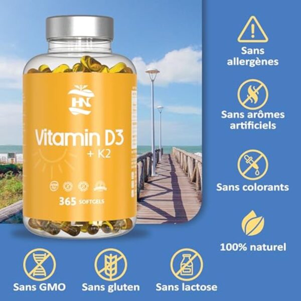 Vitamine D 5000 UI Vitamine D3 K2. 365 Capsules Vitamine D hautement concentrée Soutient les fonctions immunitaires et osseuses grâce à la Vitamine D K2 hautement dosée – Image 4