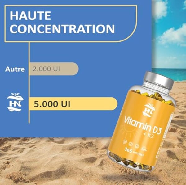 Vitamine D 5000 UI Vitamine D3 K2. 365 Capsules Vitamine D hautement concentrée Soutient les fonctions immunitaires et osseuses grâce à la Vitamine D K2 hautement dosée – Image 5