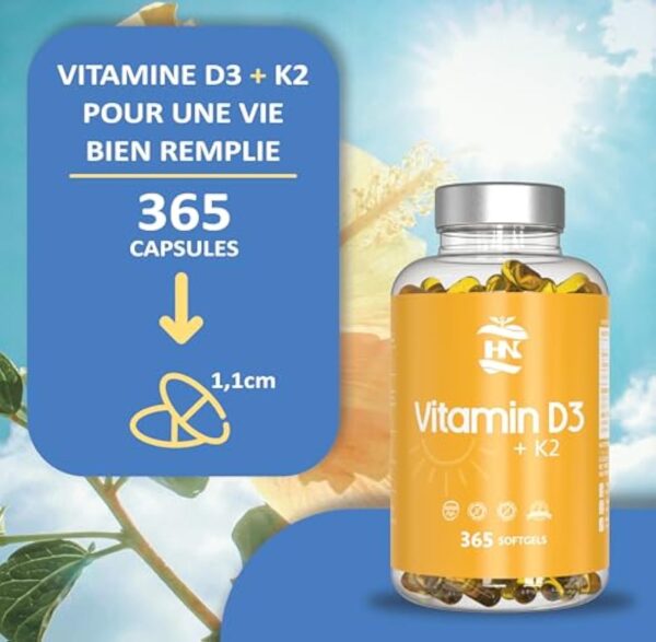 Vitamine D 5000 UI Vitamine D3 K2. 365 Capsules Vitamine D hautement concentrée Soutient les fonctions immunitaires et osseuses grâce à la Vitamine D K2 hautement dosée – Image 6