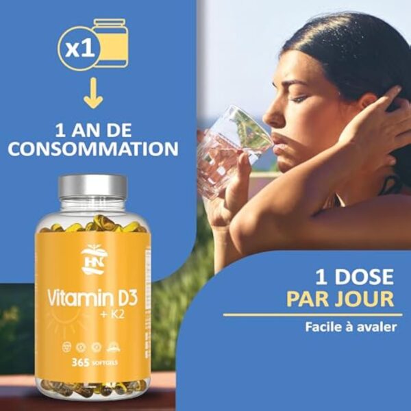 Vitamine D 5000 UI Vitamine D3 K2. 365 Capsules Vitamine D hautement concentrée Soutient les fonctions immunitaires et osseuses grâce à la Vitamine D K2 hautement dosée – Image 7