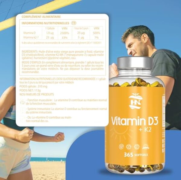 Vitamine D 5000 UI Vitamine D3 K2. 365 Capsules Vitamine D hautement concentrée Soutient les fonctions immunitaires et osseuses grâce à la Vitamine D K2 hautement dosée – Image 8