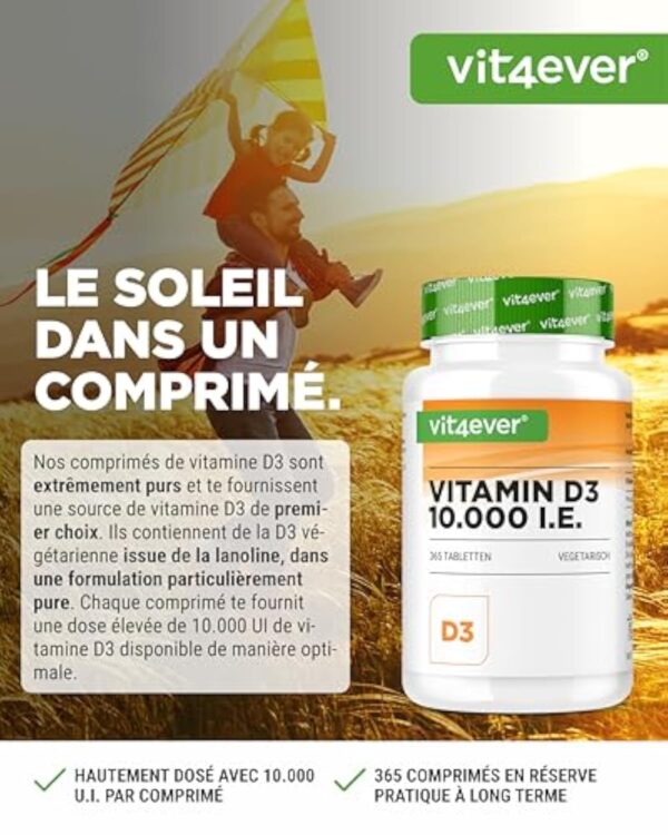 Vitamine D3 10.000 I.E. Depot - 365 Comprimés - Haute Dose - Végétarien - Haute Pureté - 10 Dose Journalière 1000 I.E. par Jour – Image 3