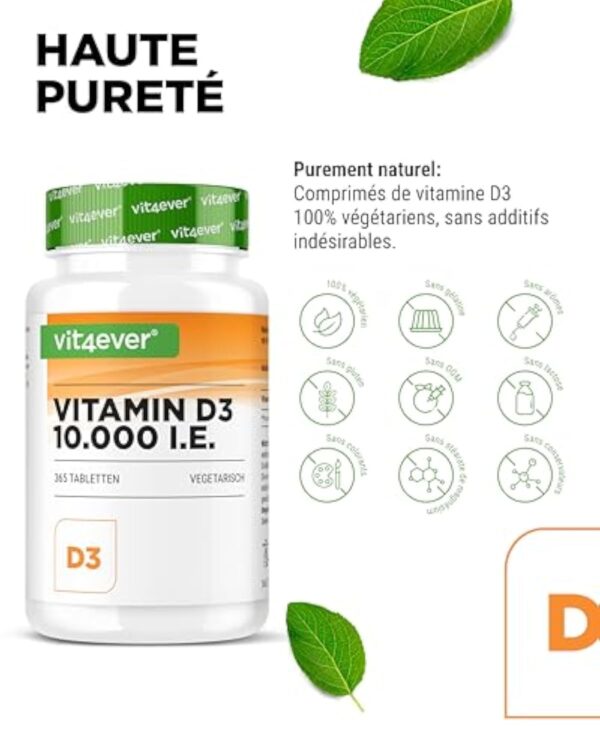 Vitamine D3 10.000 I.E. Depot - 365 Comprimés - Haute Dose - Végétarien - Haute Pureté - 10 Dose Journalière 1000 I.E. par Jour – Image 4