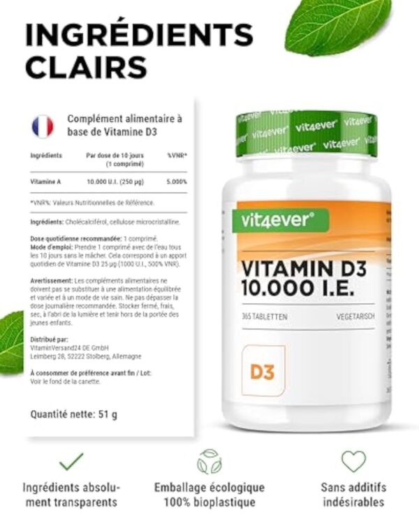 Vitamine D3 10.000 I.E. Depot - 365 Comprimés - Haute Dose - Végétarien - Haute Pureté - 10 Dose Journalière 1000 I.E. par Jour – Image 6