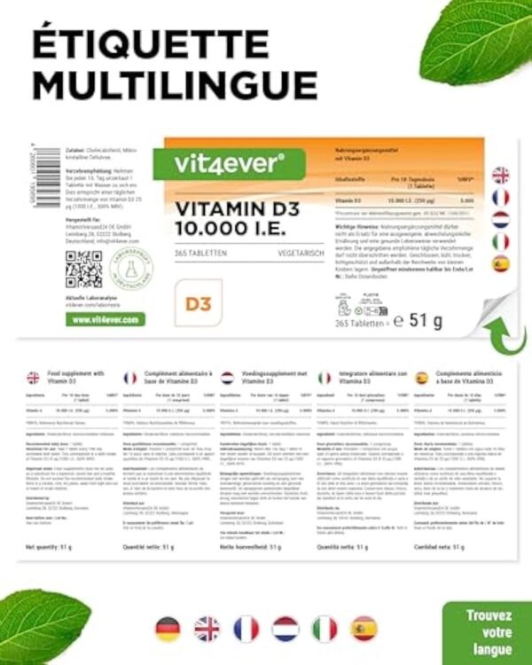 Vitamine D3 10.000 I.E. Depot - 365 Comprimés - Haute Dose - Végétarien - Haute Pureté - 10 Dose Journalière 1000 I.E. par Jour – Image 7