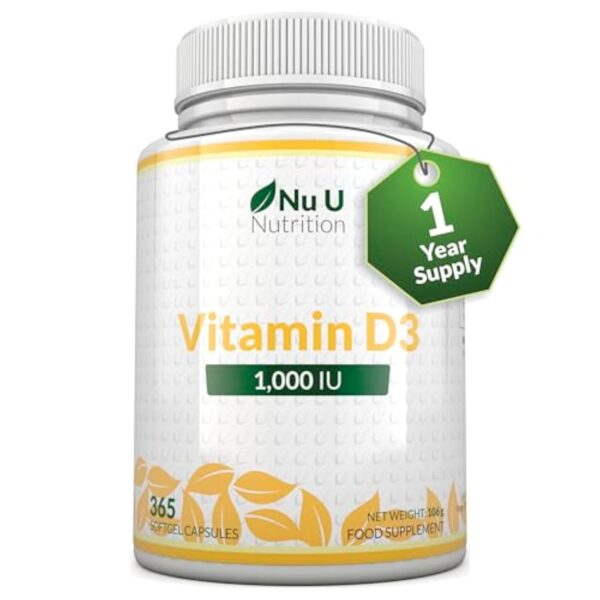 Vitamine D3 1000 UI, 365 Softgels (une année entière de réserve), Cholécalciférol haute Absorption par Nu U Nutrition