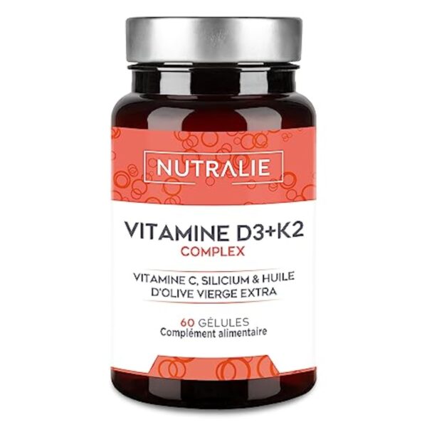 Vitamine D3 10000 IU + K2 MK7 - Système Immunitaire, Os et Muscles - Vitamine D BIO-disponible Haute Dosage avec Vitamin K2 C, Silicium, Huile d'Olive - 60 Gélules NUTRALIE (Sans additifs)