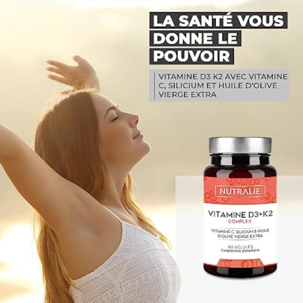 Vitamine D3 10000 IU + K2 MK7 - Système Immunitaire, Os et Muscles - Vitamine D BIO-disponible Haute Dosage avec Vitamin K2 C, Silicium, Huile d'Olive - 60 Gélules NUTRALIE (Sans additifs) – Image 3