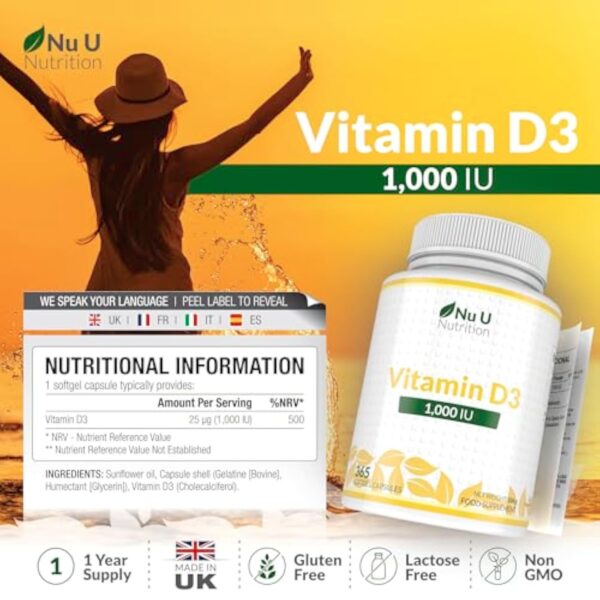 Vitamine D3 1000 UI, 365 Softgels (une année entière de réserve), Cholécalciférol haute Absorption par Nu U Nutrition – Image 3