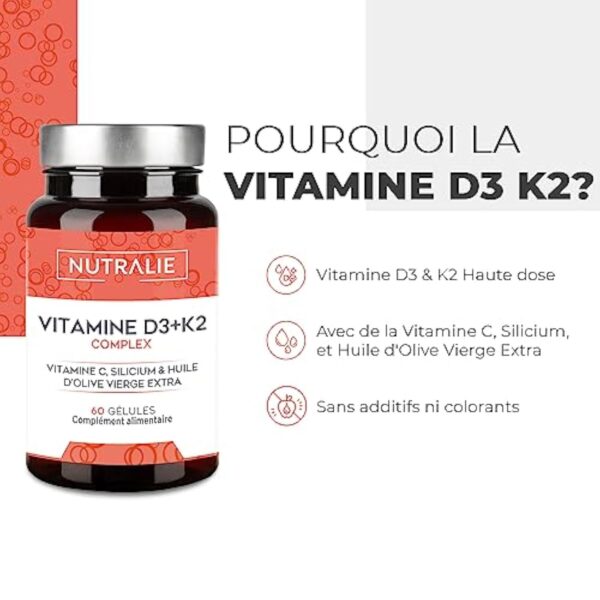 Vitamine D3 10000 IU + K2 MK7 - Système Immunitaire, Os et Muscles - Vitamine D BIO-disponible Haute Dosage avec Vitamin K2 C, Silicium, Huile d'Olive - 60 Gélules NUTRALIE (Sans additifs) – Image 4