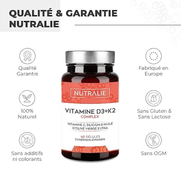 Vitamine D3 10000 IU + K2 MK7 - Système Immunitaire, Os et Muscles - Vitamine D BIO-disponible Haute Dosage avec Vitamin K2 C, Silicium, Huile d'Olive - 60 Gélules NUTRALIE (Sans additifs) – Image 5