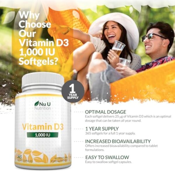 Vitamine D3 1000 UI, 365 Softgels (une année entière de réserve), Cholécalciférol haute Absorption par Nu U Nutrition – Image 5