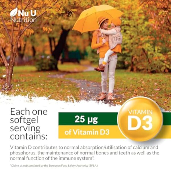 Vitamine D3 1000 UI, 365 Softgels (une année entière de réserve), Cholécalciférol haute Absorption par Nu U Nutrition – Image 6