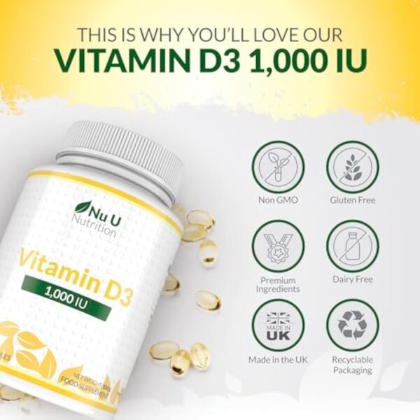 Vitamine D3 1000 UI, 365 Softgels (une année entière de réserve), Cholécalciférol haute Absorption par Nu U Nutrition – Image 7