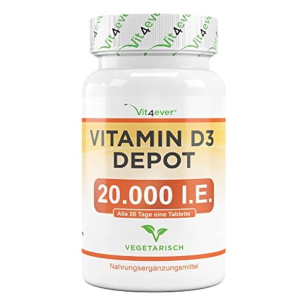 Vitamine D3 20.000 I.E. Depot - 240 Comprimés - Haute Dose - Végétarien - Haute Pureté - 20 Dose Journalière 1000 I.E. par Jour