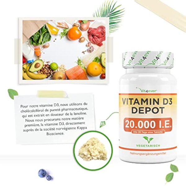 Vitamine D3 20.000 I.E. Depot - 240 Comprimés - Haute Dose - Végétarien - Haute Pureté - 20 Dose Journalière 1000 I.E. par Jour – Image 3