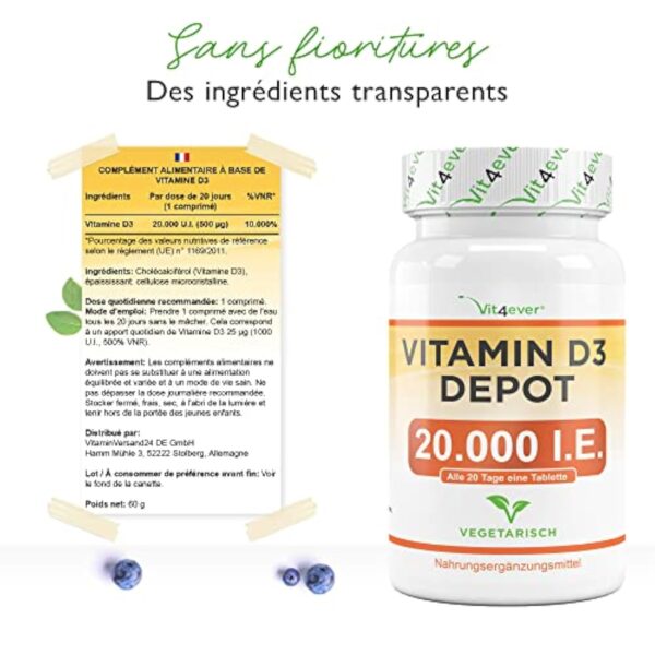 Vitamine D3 20.000 I.E. Depot - 240 Comprimés - Haute Dose - Végétarien - Haute Pureté - 20 Dose Journalière 1000 I.E. par Jour – Image 7