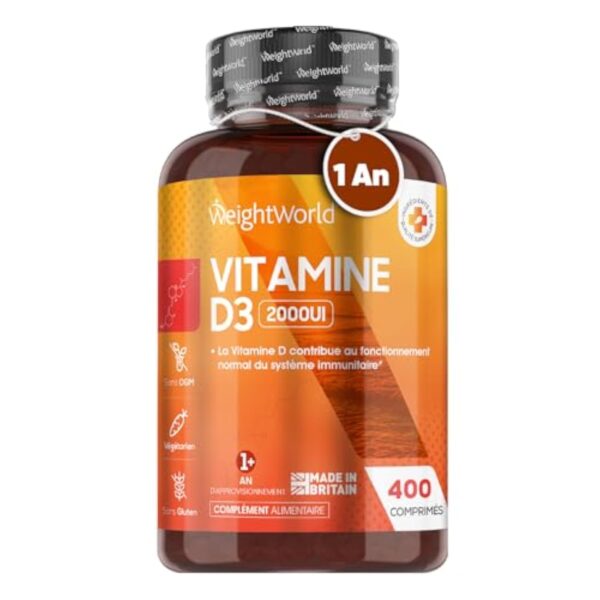 Vitamine D3 2000 UI Cholécalciferol, 400 Micro Comprimés Végétariens Pour +1 An, Pour le Système Immunitaire, les Muscles, les Os, Dents, Absorption Normale du Calcium,Vitamine D d'Été - WeightWorld