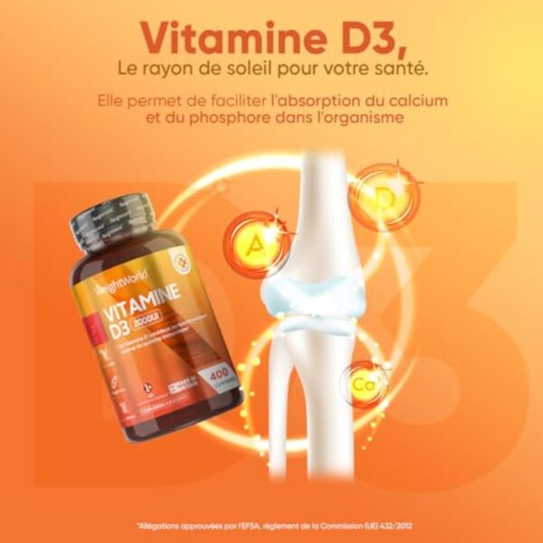 Vitamine D3 2000 UI Cholécalciferol, 400 Micro Comprimés Végétariens Pour +1 An, Pour le Système Immunitaire, les Muscles, les Os, Dents, Absorption Normale du Calcium,Vitamine D d'Été - WeightWorld – Image 3