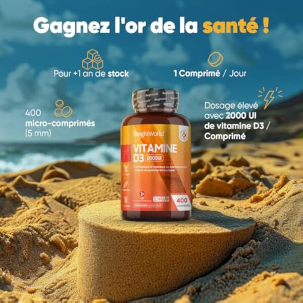 Vitamine D3 2000 UI Cholécalciferol, 400 Micro Comprimés Végétariens Pour +1 An, Pour le Système Immunitaire, les Muscles, les Os, Dents, Absorption Normale du Calcium,Vitamine D d'Été - WeightWorld – Image 5