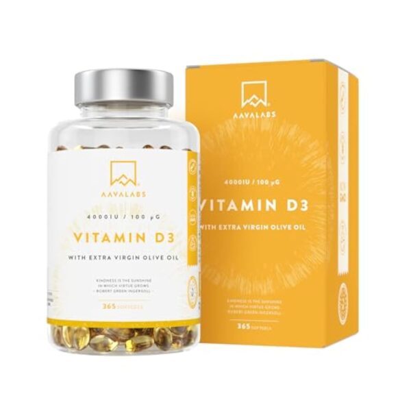 Vitamine D3 4000 UI - Vitamine D avec Huile d’Olive Extra Vierge pour Absorption Optimale - Vitamines sans OGM, sans Gluten et Lactose pour les Fonctions Osseuse, Musculaire, Immunitaire - 365 Gélules