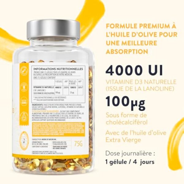 Vitamine D3 4000 UI - Vitamine D avec Huile d’Olive Extra Vierge pour Absorption Optimale - Vitamines sans OGM, sans Gluten et Lactose pour les Fonctions Osseuse, Musculaire, Immunitaire - 365 Gélules – Image 3